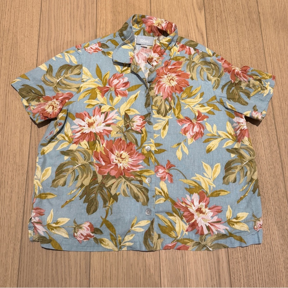 Vintage Linen Rayon Blend Floral Button Up Shirt Women Sz Large